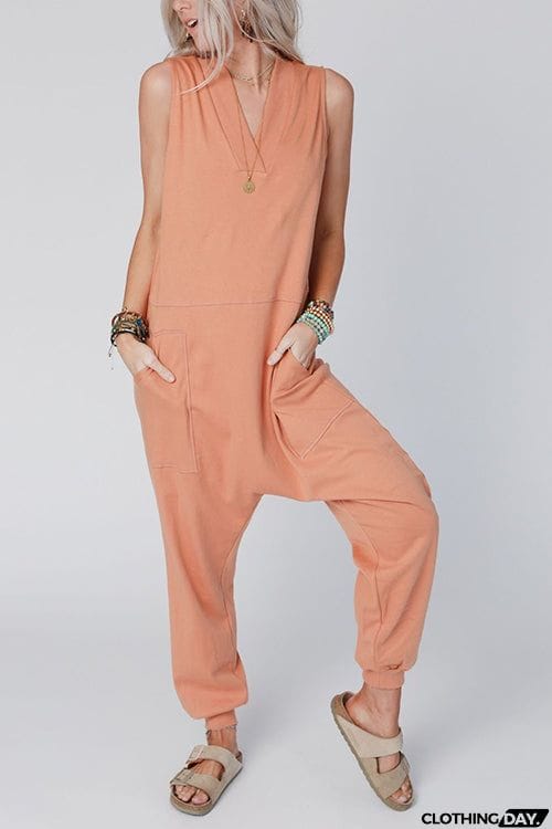 V Neck Solid Sleeveless Pocket Jumpsuit