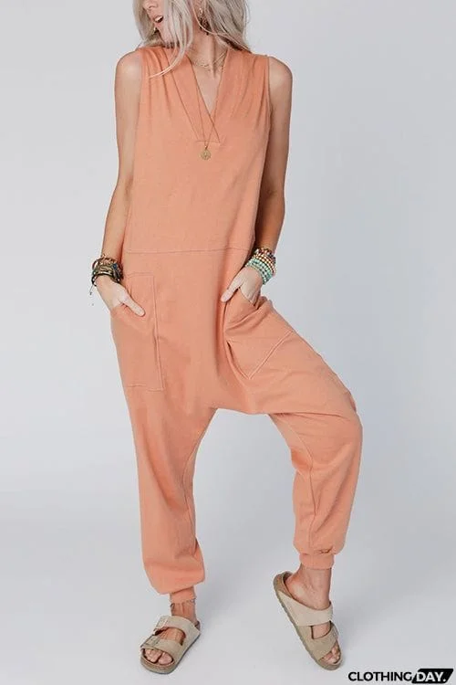 V Neck Solid Sleeveless Pocket Jumpsuit