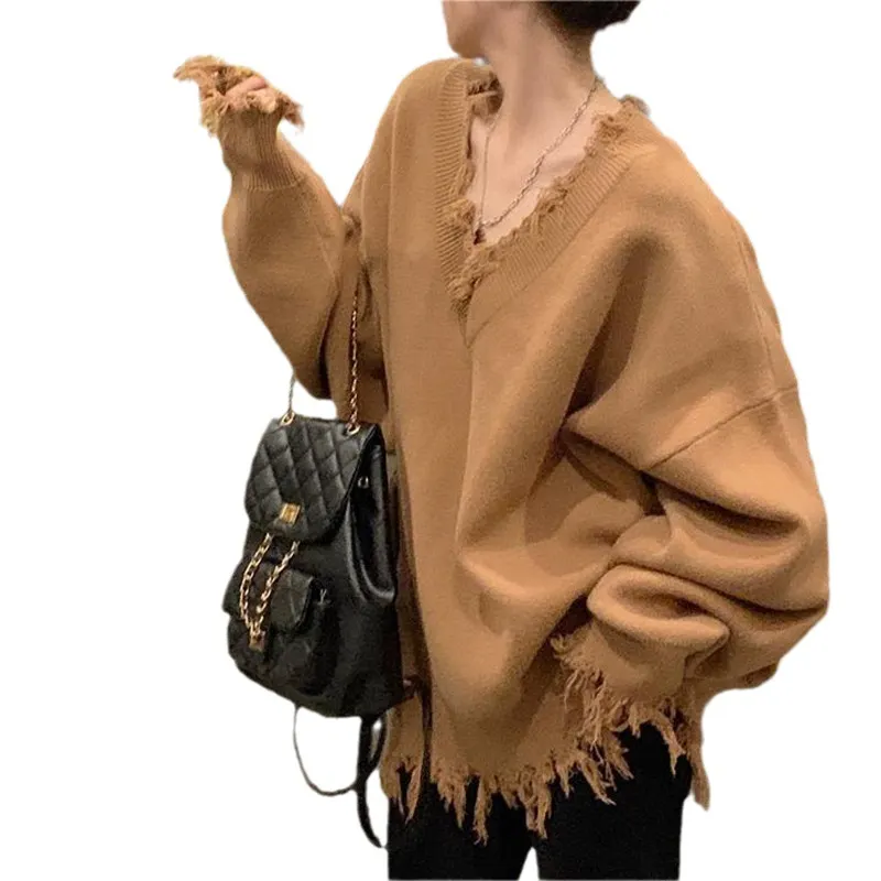 Churchf Churchf New Autumn-Winter 2023 V-Neck Sweater Female Loose Long Sleeve Lazy Wind Jacket Sweater Niche Style Broken Hole Sweater
