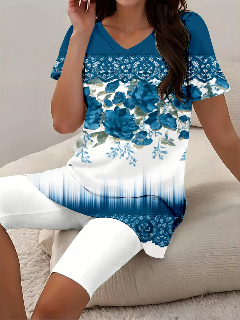 Women Long Sleeve V-neck Graphic Floral Printed Top