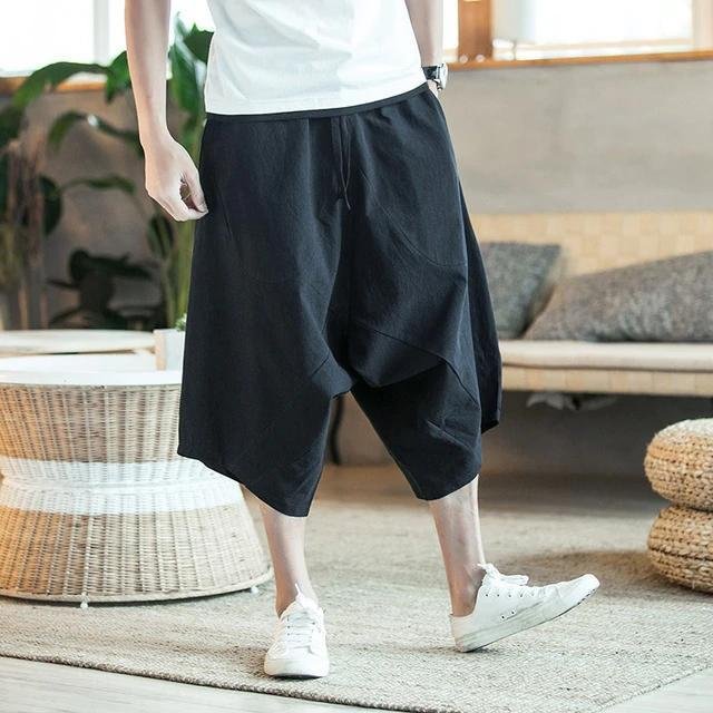 Men Wide Crotch Pants Loose Large Cropped Wide-Legged Bloomers Flaxen Baggy Trousers
