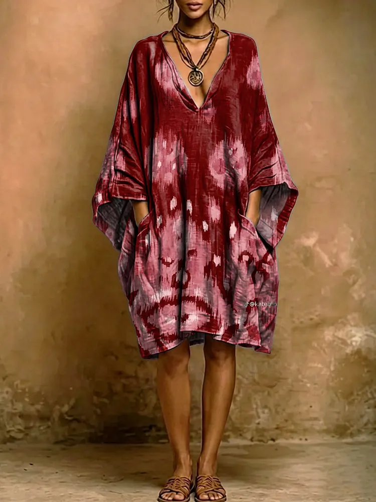 Women's Vintage Floral Print Short-sleeve Cotton-linen Dress