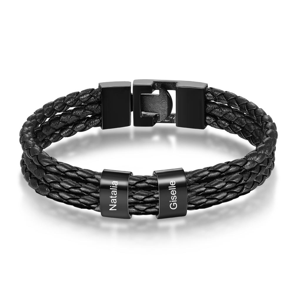Black Braided Leather Custom 2 Beads Men's Bracelets For Him Best Gift ...