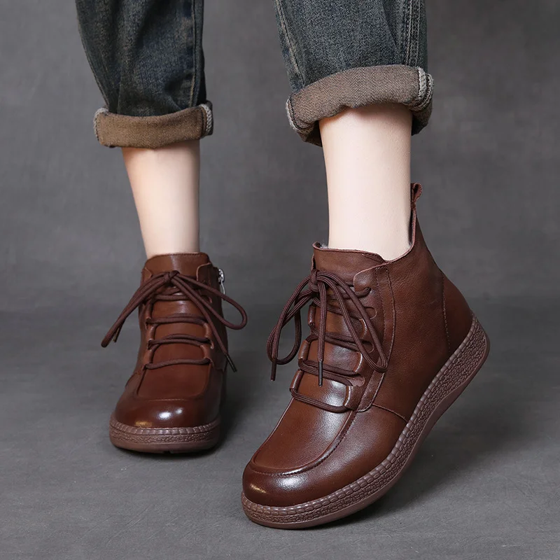 Yyvonne Cowfrepe Retro Wool Short Boots Women 2025 Winter New Round Head With Martin Boots Plus Cotton Boots