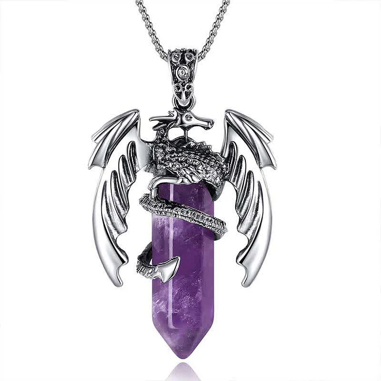 Vintage Dragon Crystal Healing Stone Reiki Necklace-Amethyst