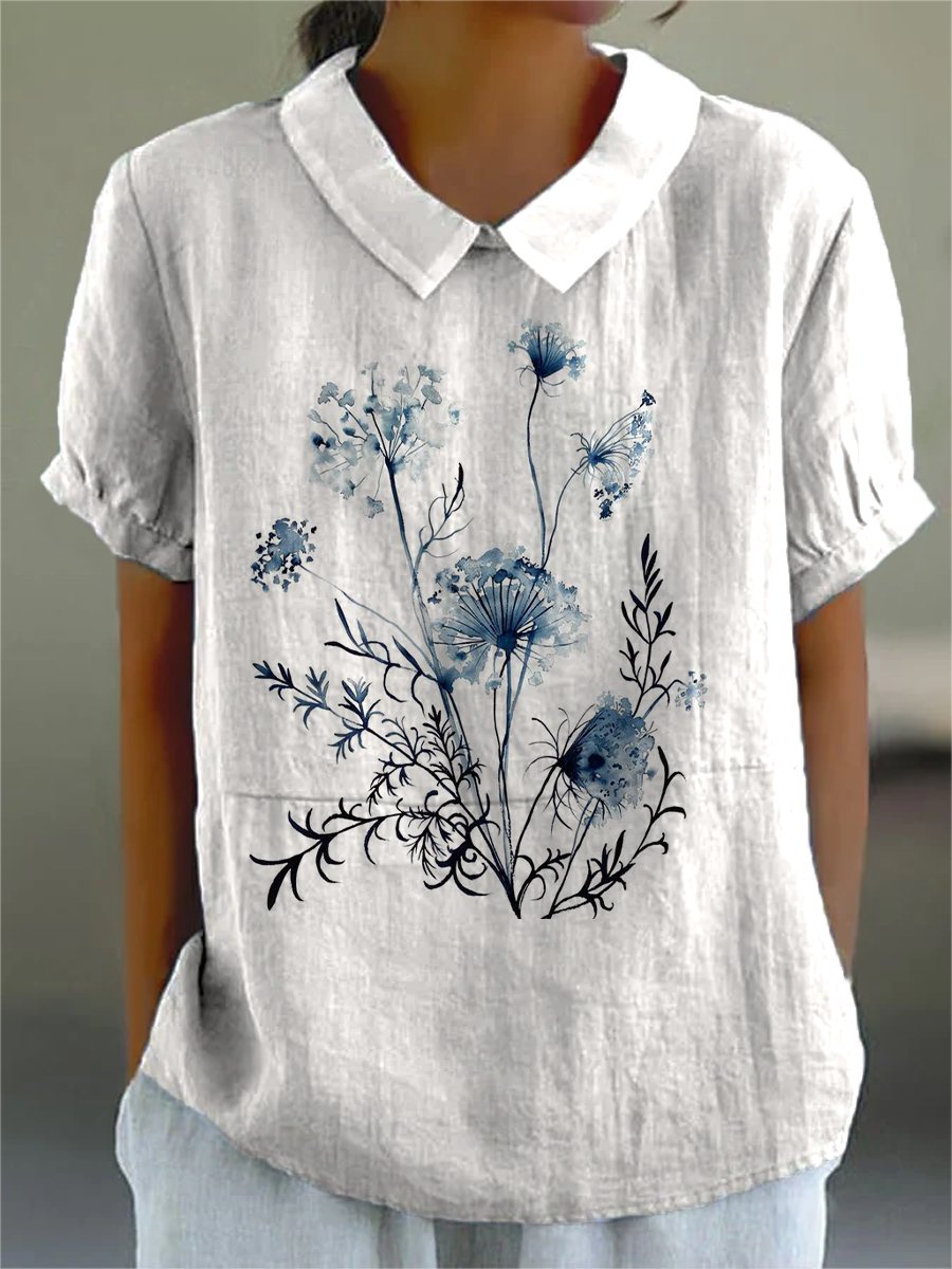 Women's Blue Ink Dandelion Print Casual Cotton And Linen Shirt