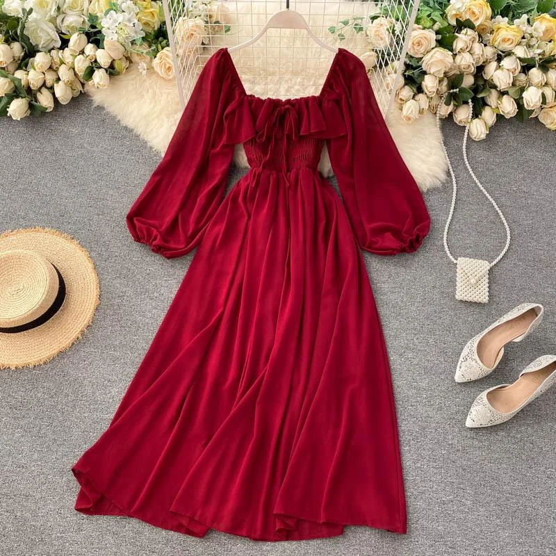 Women's Chiffon Dresses Square Collar Puff Long Sleeves Elegant Casual Dresses