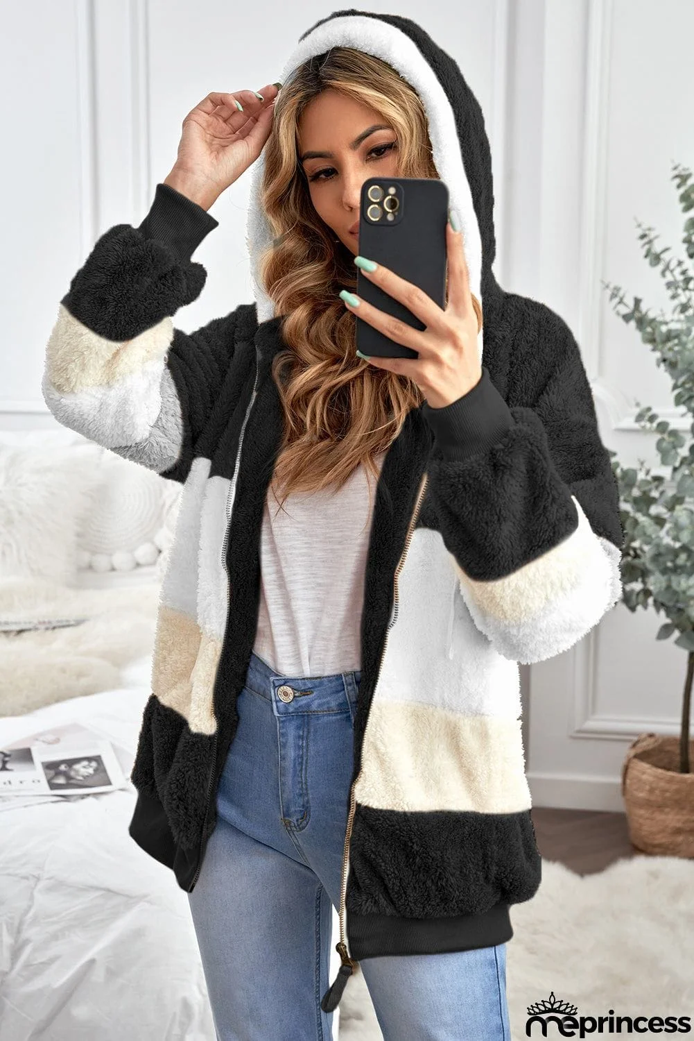 Colorblock Zip Up Sherpa Coat with Hooded