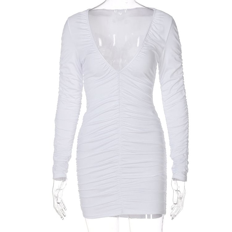 Hugcitar Solid Ruched Long Sleeve Deep V Neck Pleated Mini Sexy Dress 2021 Summer Autumn Women Fashion Outfits Party Club Y2K