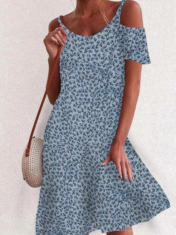 Women Cold Shoulder Round Neck Floral Printed Mini Dress