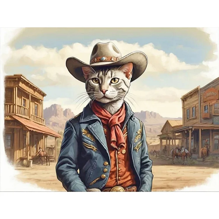 Handsome Western Cowboy Kitten 40*30CM (Canvas) Full Round Drill Diamond Painting gbfke