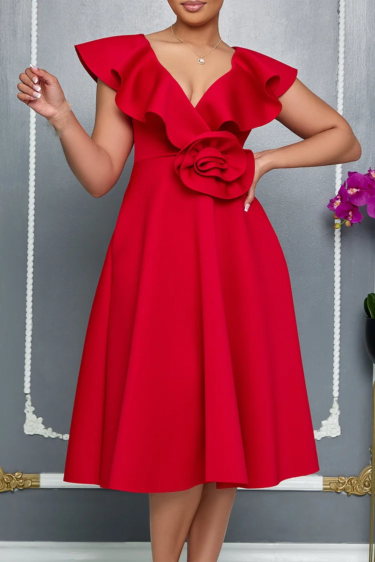V Neck Ruffled Overlay 3D Flower Decor A-Line Midi Dresses-Red