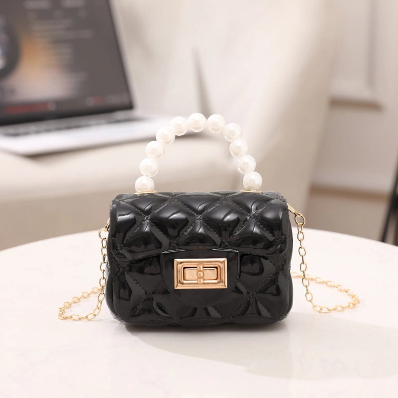 Women’s PVC Solid Color Cute Beading Pearls Square Lock Clasp Crossbody Bag