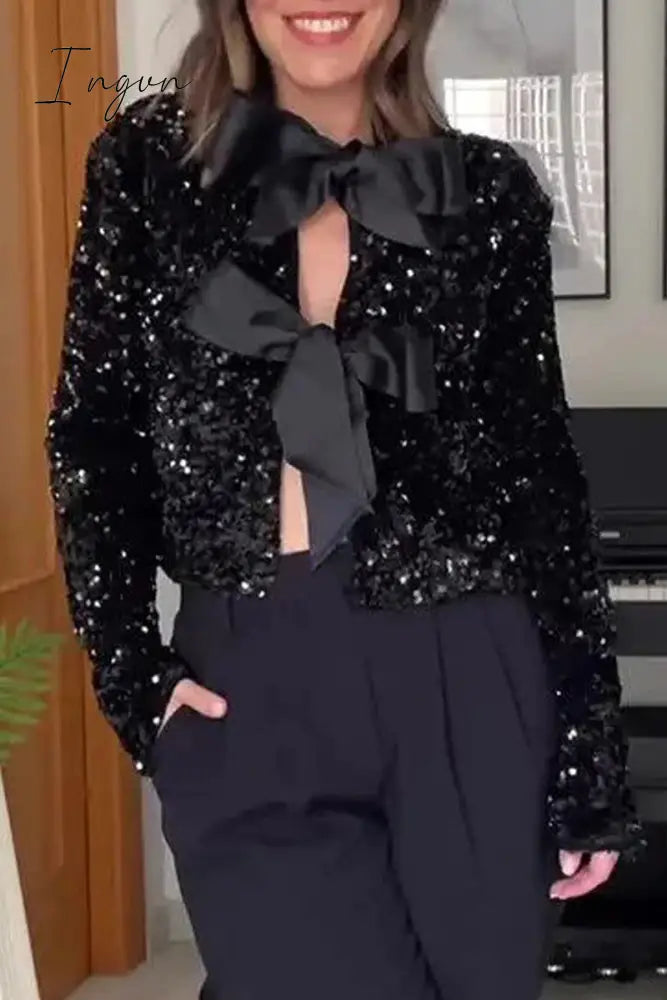 Sexy Solid Sequins With Bow O Neck Outerwear Black / S Outerwear/Blazer & Suits &Jacket
