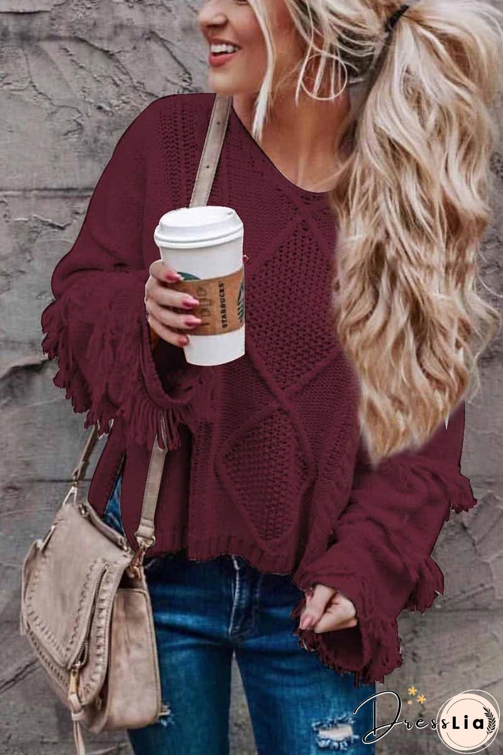 Solid Color Knitted Tassel Sweater