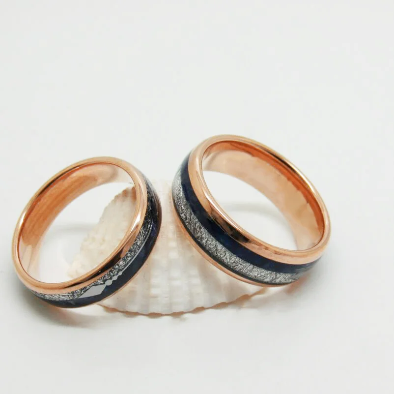 Rose Gold Tungsten Carbide Mens Womens Rings With Full Arc Electroplated Inlaid With Silver Wire And Lapis Lazuli Stone