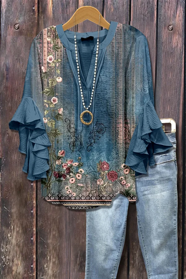 Retro Floral Print Ruffle Sleeve Top