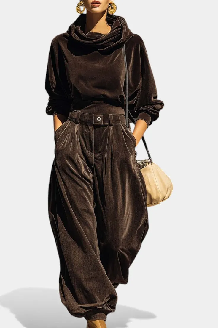 Velvet Cowl Neck Hoodie with Pleated Wide-Leg Pants Set