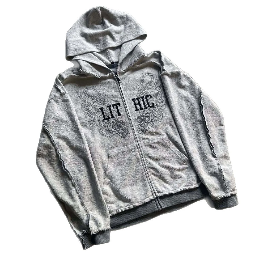 Athvotar Athvotar Personality Zippered Sweatet Double-Layer Fake Two-Piece Hooded Jacket Trendy Street Casual Sweating