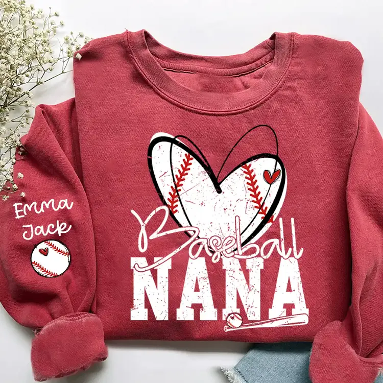 Baseball Nana Sweatshirt, Personalized Family Sweatshirt with Custom Grandkids Names and Heart Design