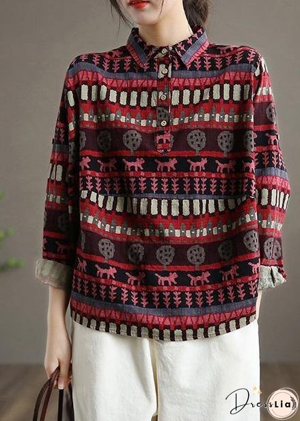 Women Red Ethnic Style Top Silhouette Lapel Loose Spring Shirt
