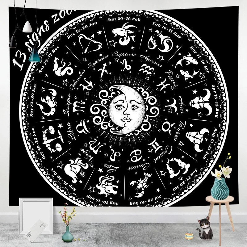 Sun Moon Mandala witchcraft Tapestry White Black Wall Hanging Bohemian Gypsy Psychedelic Tapiz Witchcraft Astrology Tapestry