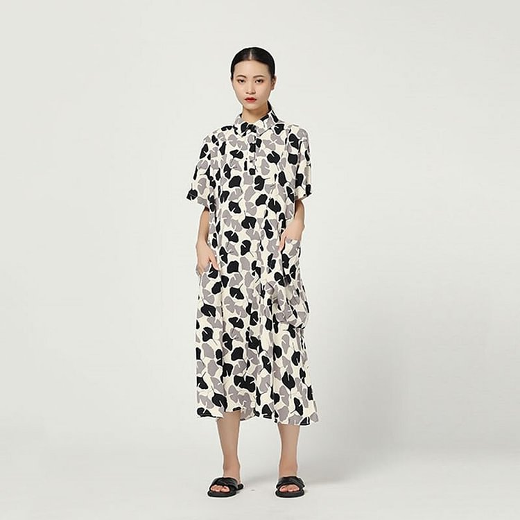 Original Turn-down Collar Maple Leaf Pocket Short Sleeve Dress     