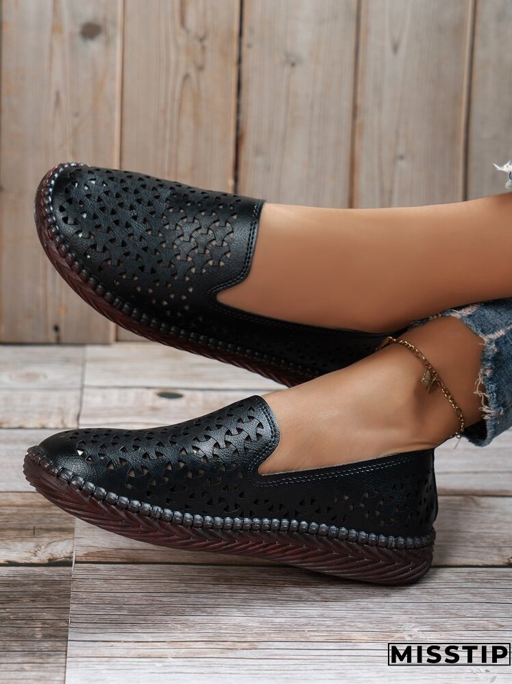 Women Comfortable Hollow Out Flats, Fashionable Black Loafer Flats