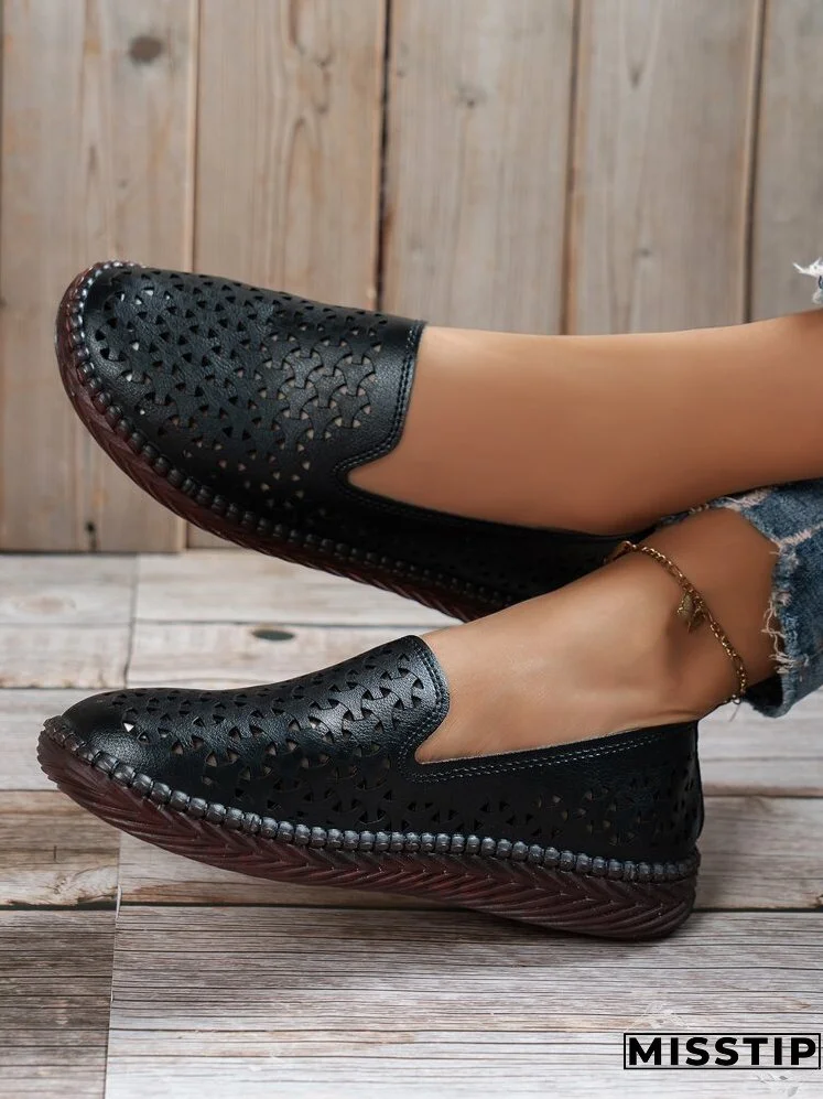 Women Comfortable Hollow Out Flats, Fashionable Black Loafer Flats
