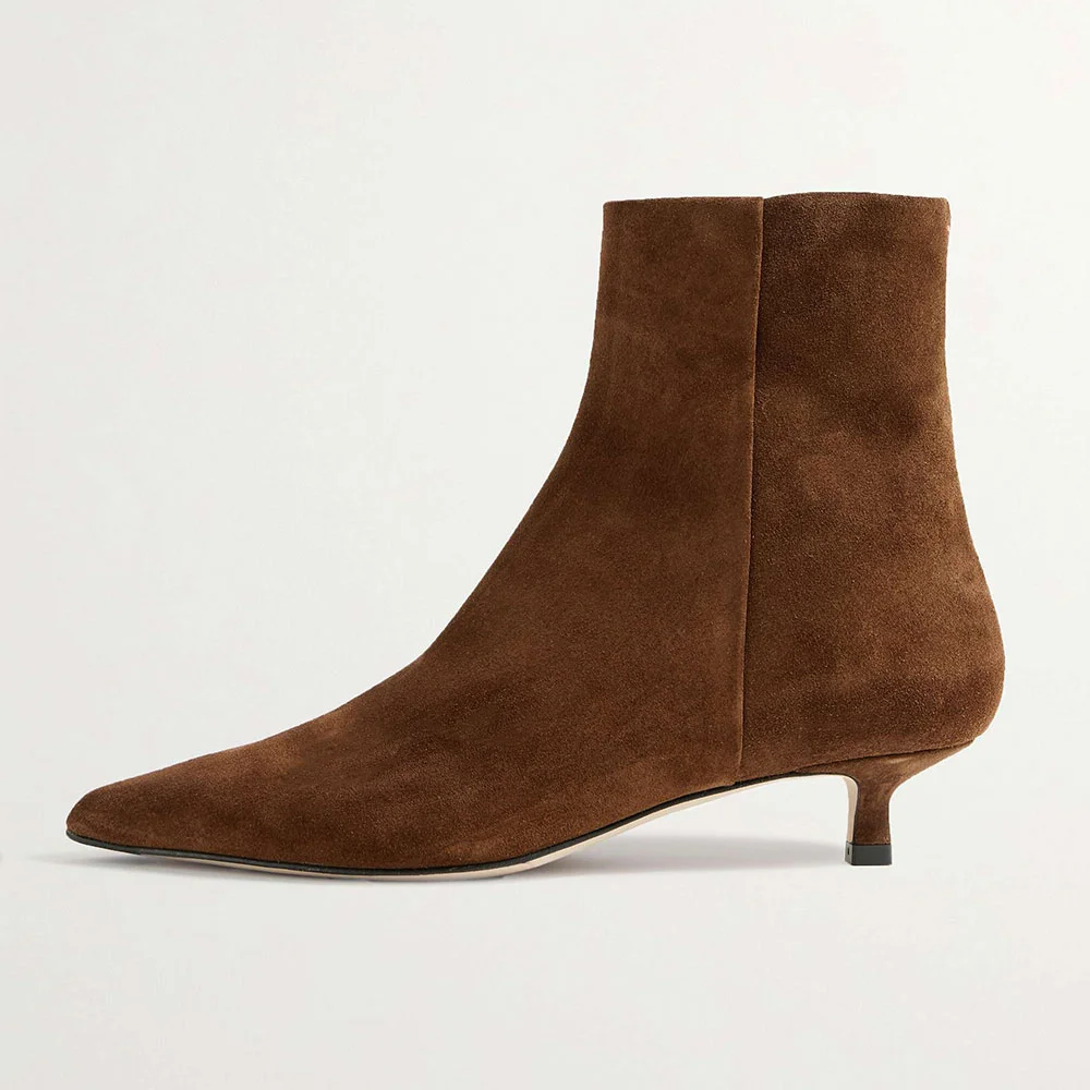 Vegan Suede Side Zipper Pointed Toe Kitten Heel Ankle Boots in Brown