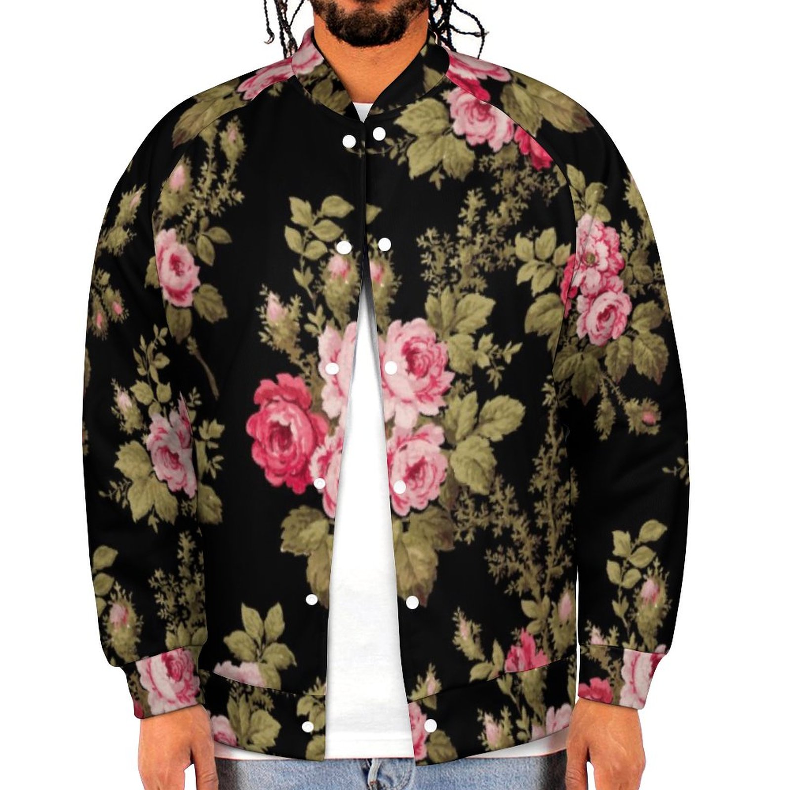 Elegant Vintage Pink Roses Black Background Mens Baseball Jacket Guys Graphic Print Varsity Streetwear Coats