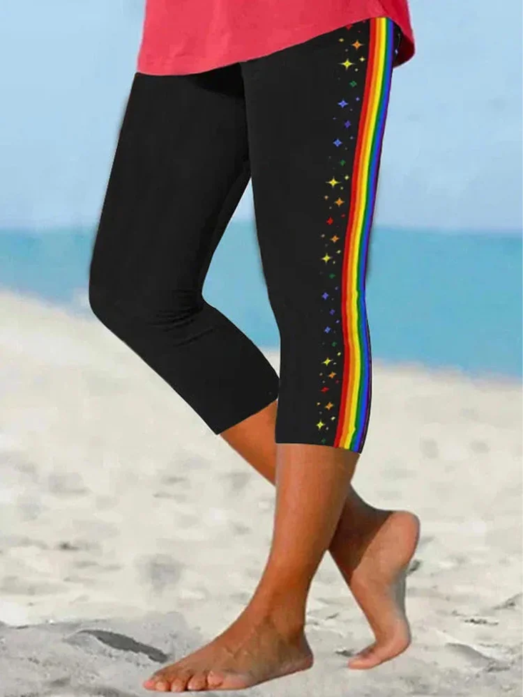 Comstylish Women's LGBT Pride Rainbow Print Cropped Leggings