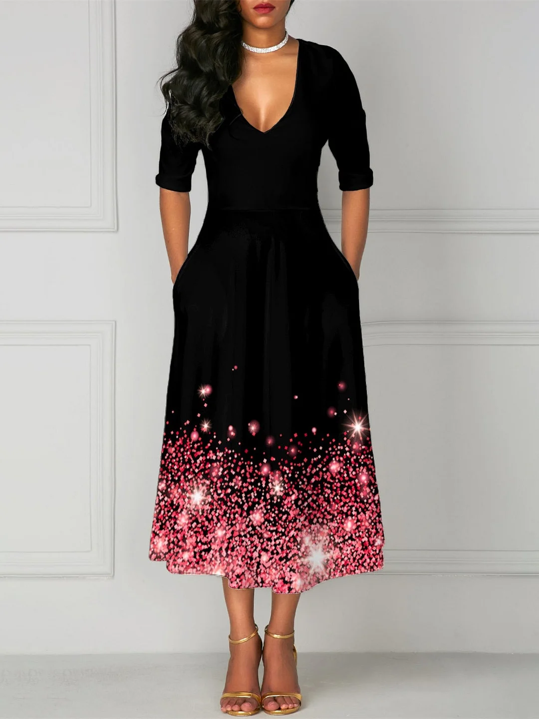 Women's Half Sleeve V-neck Graphic Printed Midi Dress