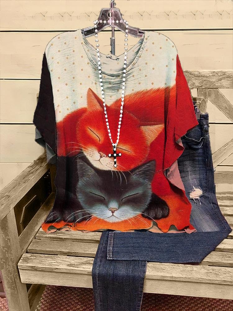 Women's Casual Cute Cat Print V-neck Half-sleeve T-shirt
