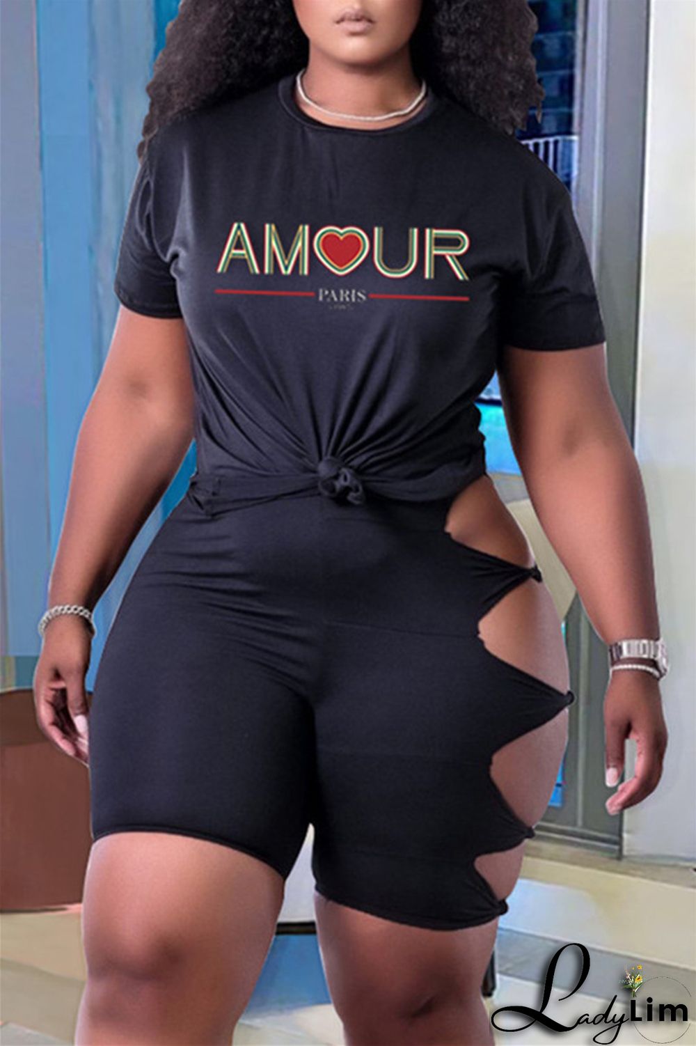 Green Fashion Casual Letter Print Ripped O Neck Plus Size Two Pieces