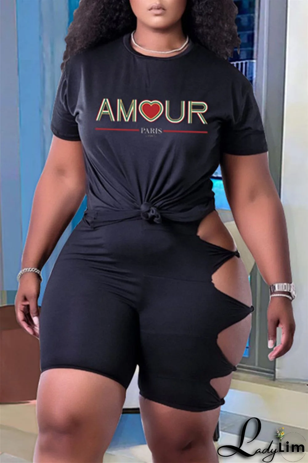 Green Fashion Casual Letter Print Ripped O Neck Plus Size Two Pieces