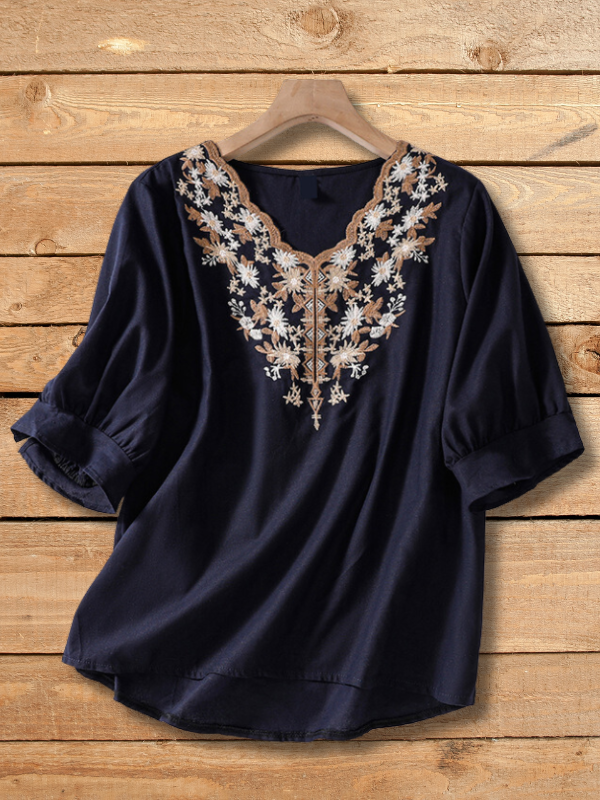 Women's Linen Blouse Embroidery Floral V-Neck Mid Sleeve Top