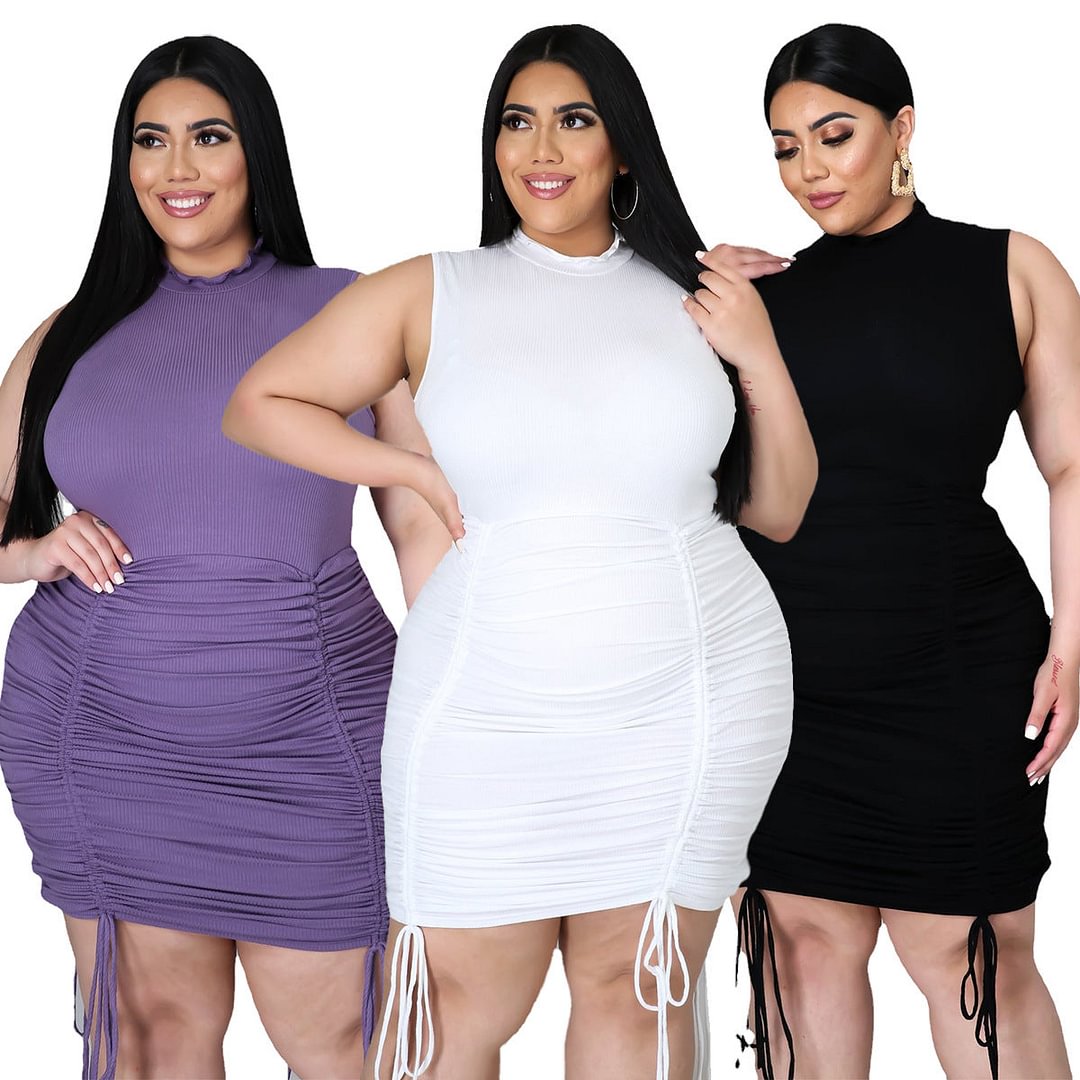 Fat Woman Women's Plus Size Sunken Stripe Drawstring Pleated Dress