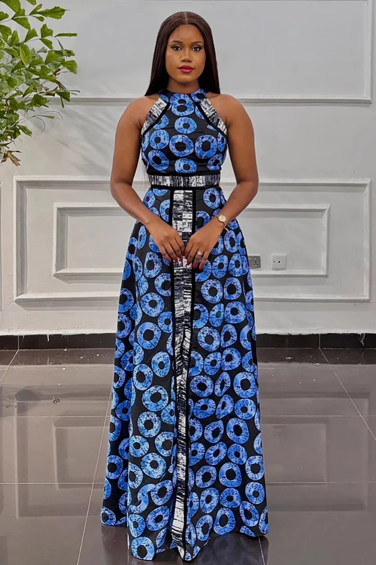 Graphic Print Sleeveless A-Line Maxi Dresses-Blue