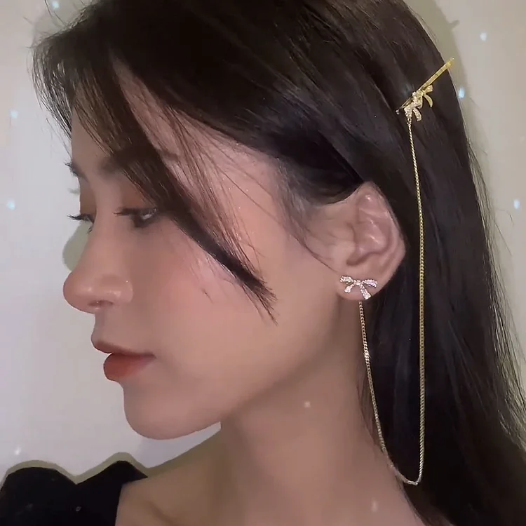 Bowknot Earrings Hairpin Chain Set
