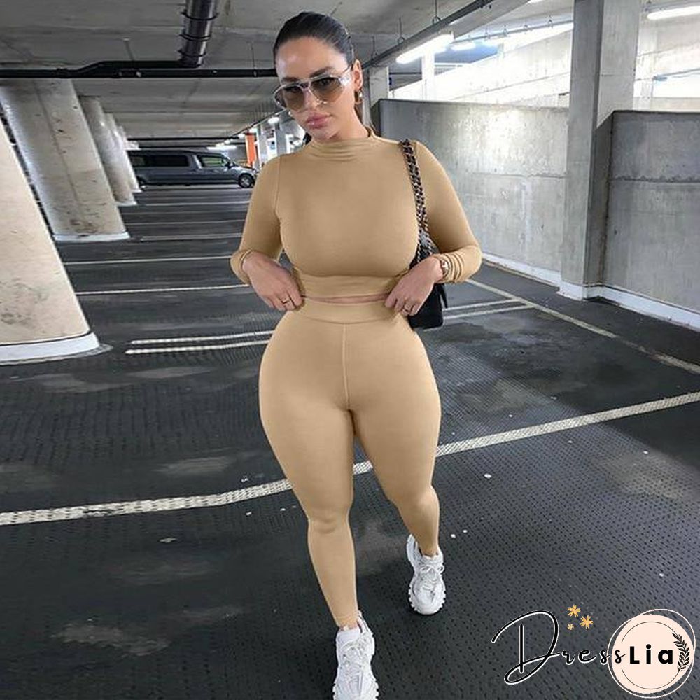 Winter Women Sport Fitness 2 Two Piece Set Outfits Long Sleeve Crop Tops Tshirt Leggings Pants Set Bodycon Tracksuit