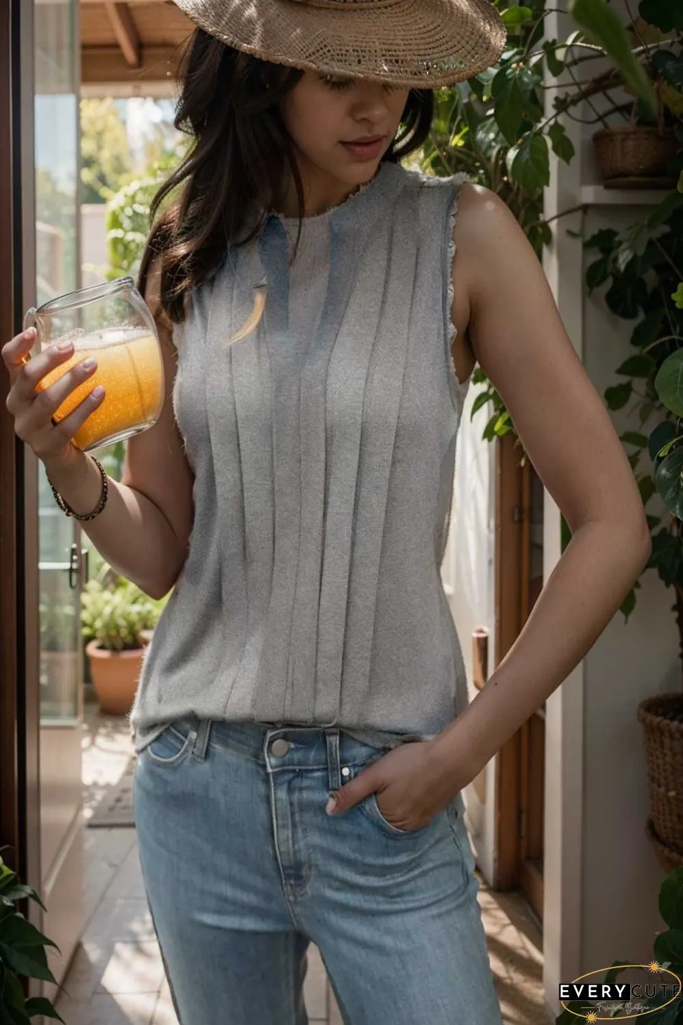fashion elegant pleated v neck sleeveless t shirt