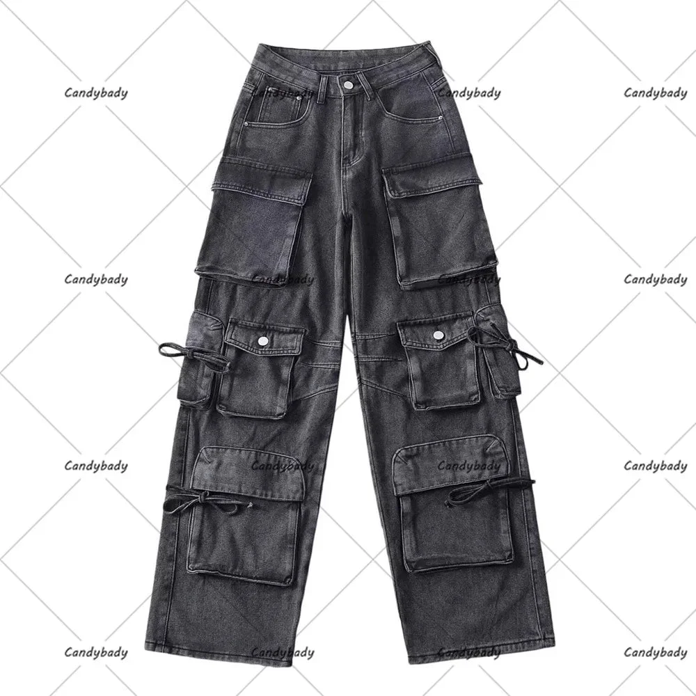 Aonga 90s Streetwear European And American Trends Street Hip-hop Multi-pocket Heavy Washing Jeans Female Y2K Retro Tooling Straight Casual Overalls aonga
