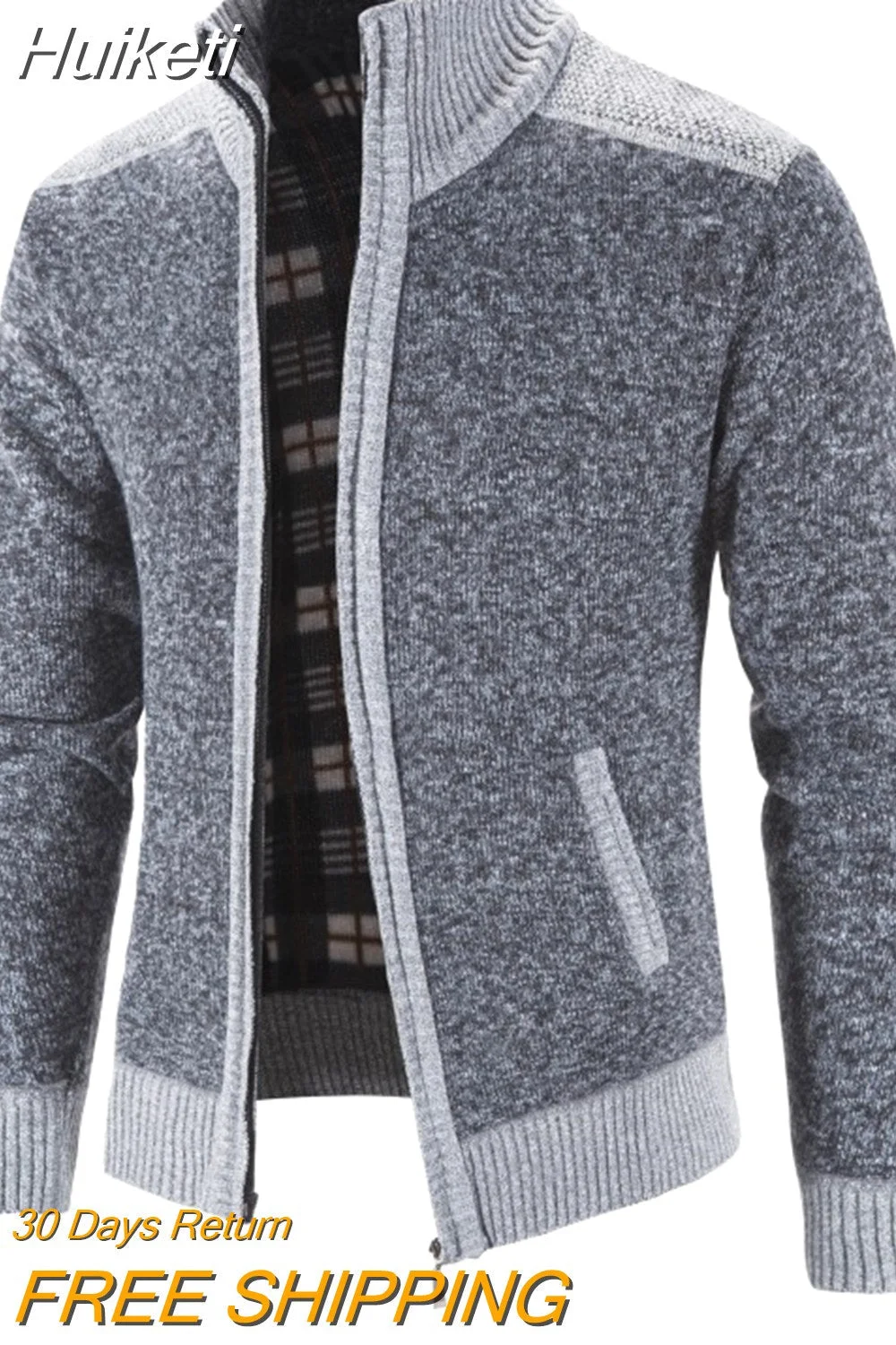 Huiketi Men's Sweater Coat Fashion Patchwork Cardigan Men Knitted Sweater Jacket Slim Fit Stand Collar Thick Warm Cardigan Coats Men