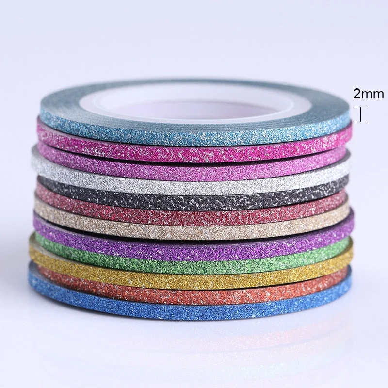 12 Rolls 2mm Matte Glitter Nail Striping Tape Line Rainbow Multi Color Styling Tool Sticker Decal  DIY Decoration-Nail Inspo