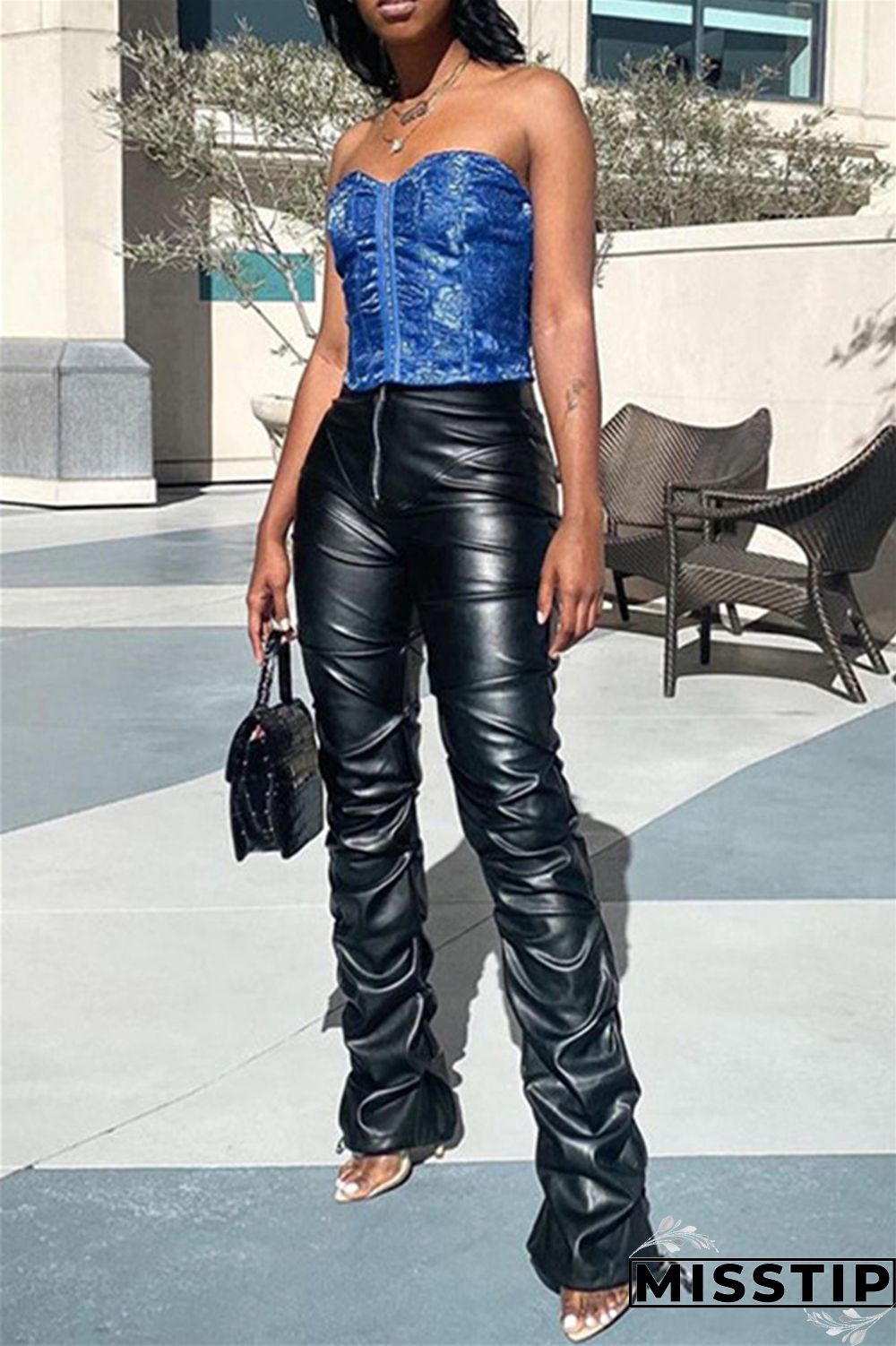 Black Fashion Casual Solid Patchwork Regular High Waist Trousers