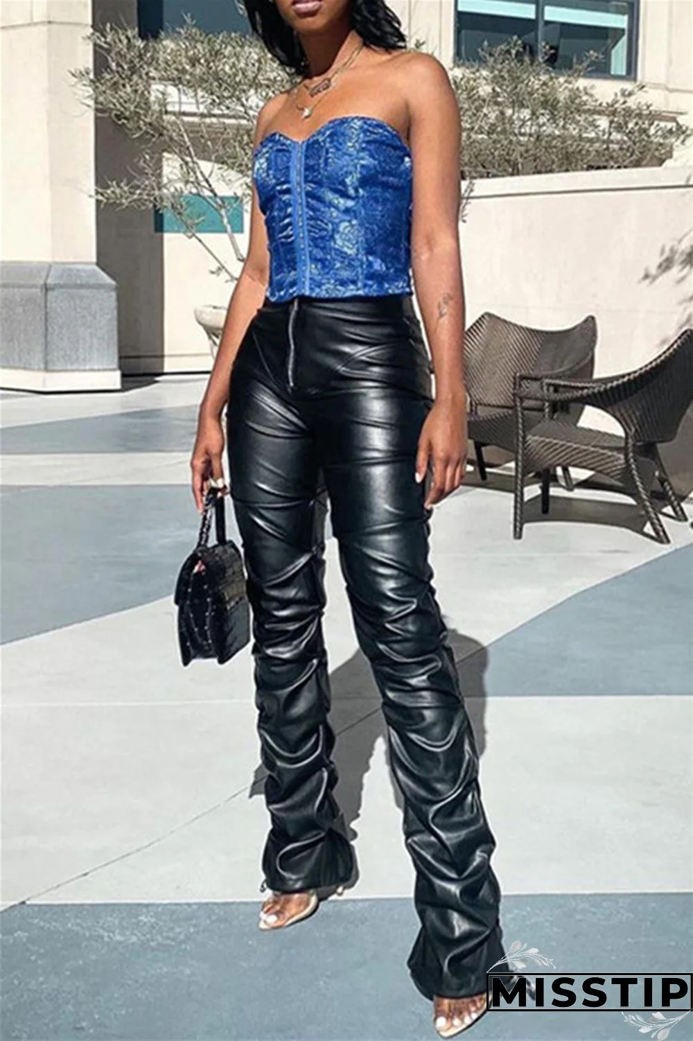 Black Fashion Casual Solid Patchwork Regular High Waist Trousers