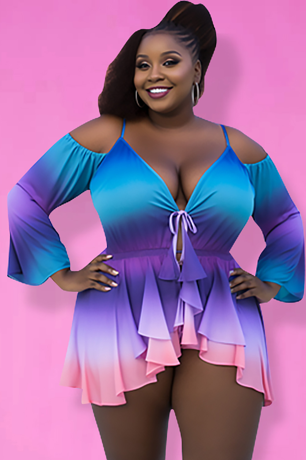 Design Plus Size Beach Blue Gradient V Neck Open Shoulder Long Sleeve Lace Up Swimsuit Fabric Two Pieces Swimsuit With Panty [Pre-Order]