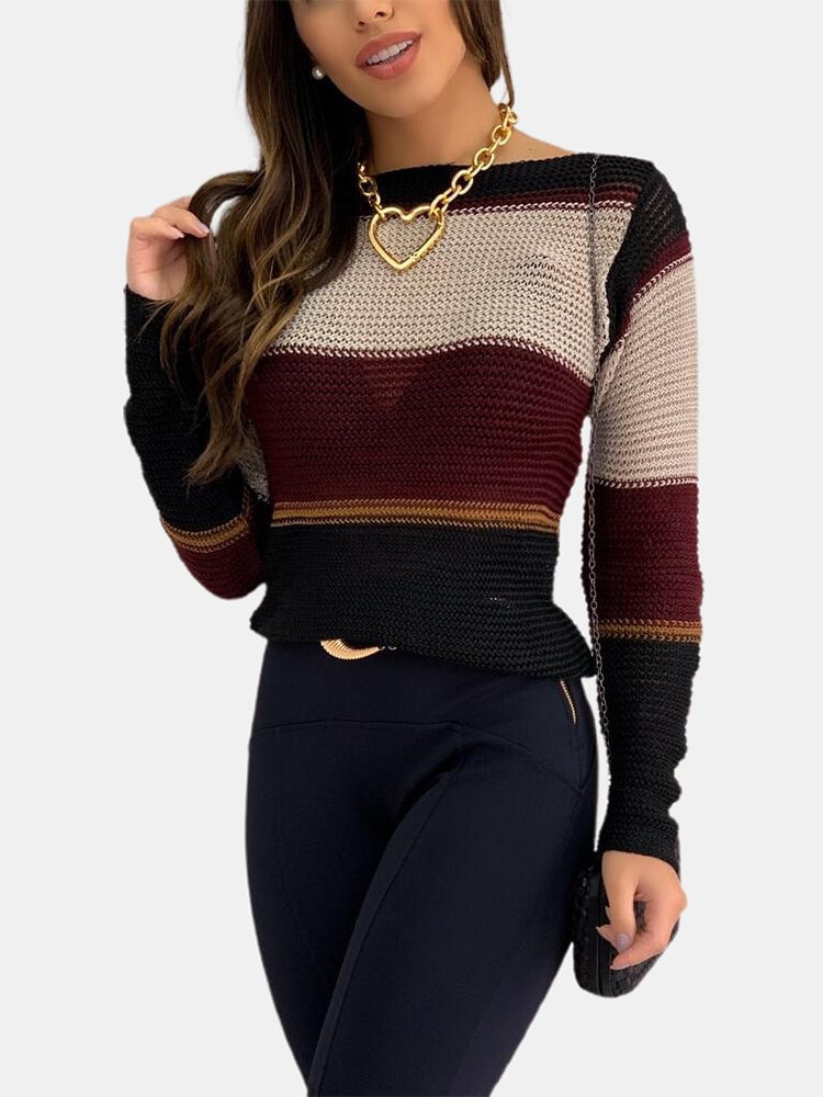 Women Contrast Color Patchwork Long Sleeve Casual Sweater