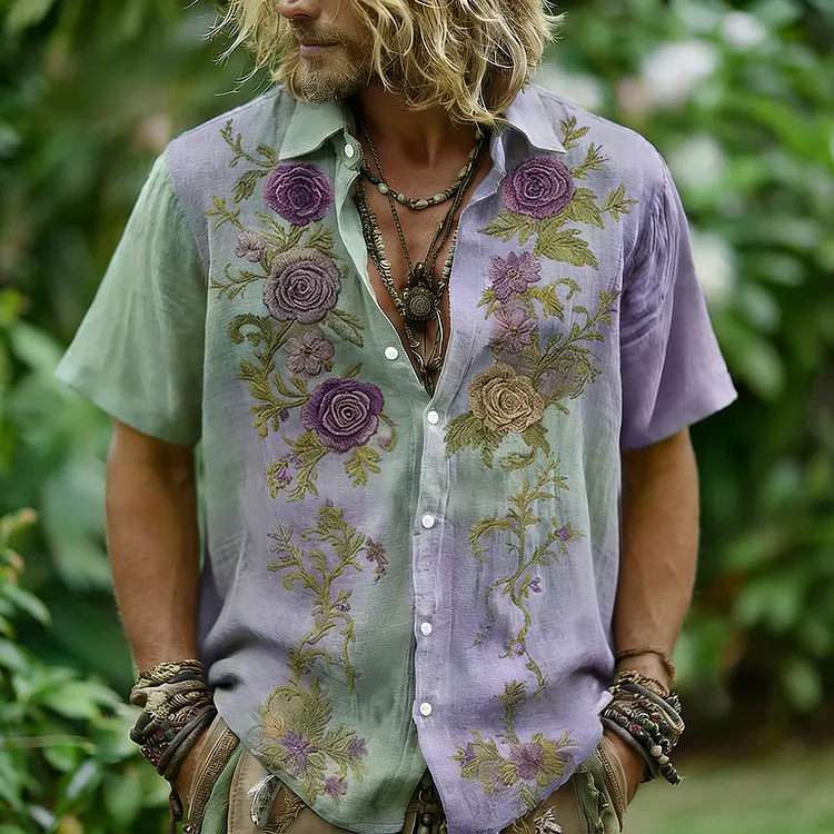 Men's  Vintage Floral Embroidered Comfy Linen Blend Cozy Short Sleeve Shirt